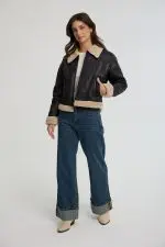 ⁦מעיל PU עם פרווה⁩ – תמונה ⁦4⁩